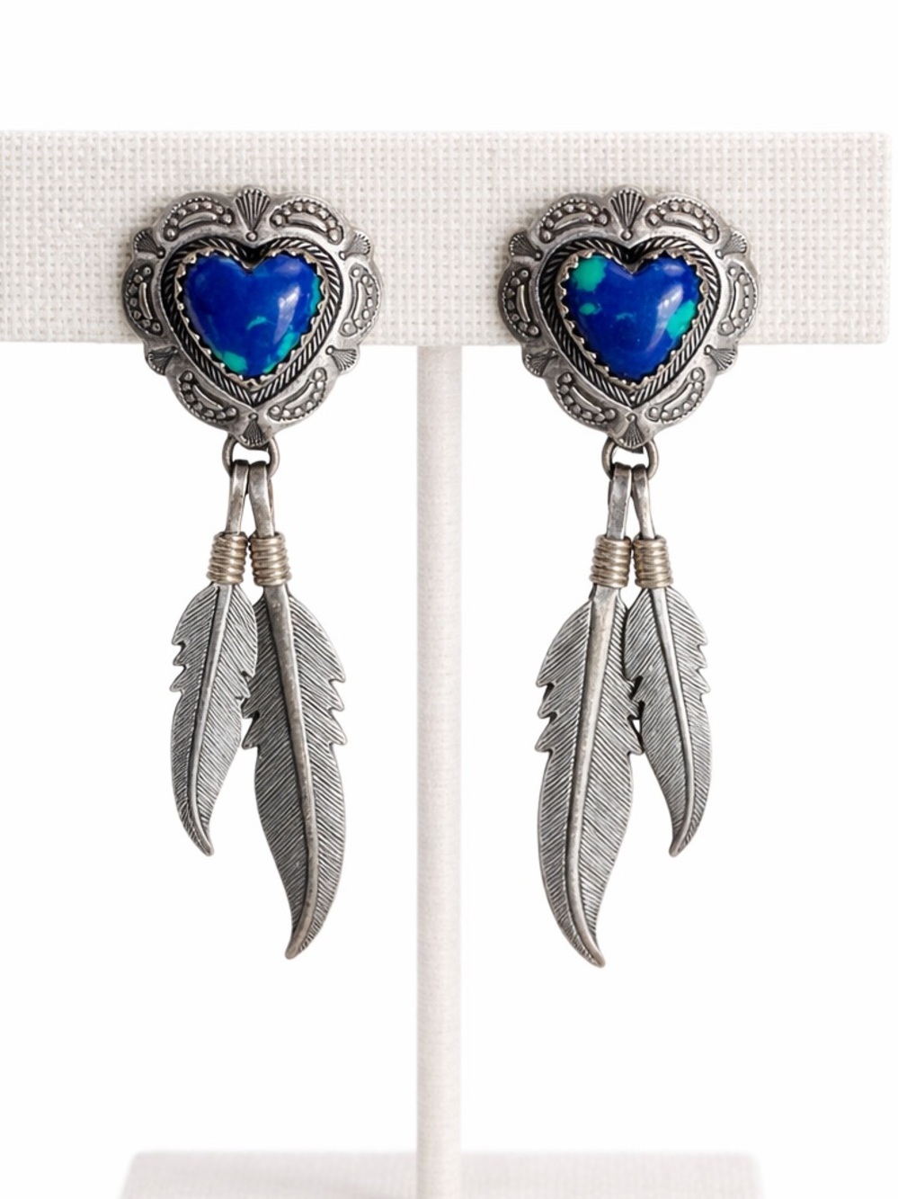 Sterling Silver Azurite Heart Dangling Feathers 925 Post Stud Earrings QT Signed
